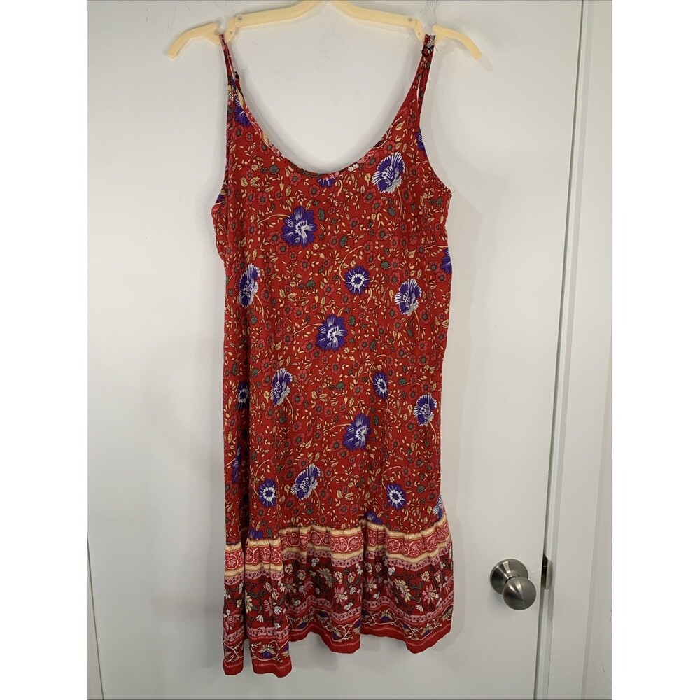 Uni Clau Red Floral Slip Dress Medium‎ Tier Ruffle Vintage Grunge Boho